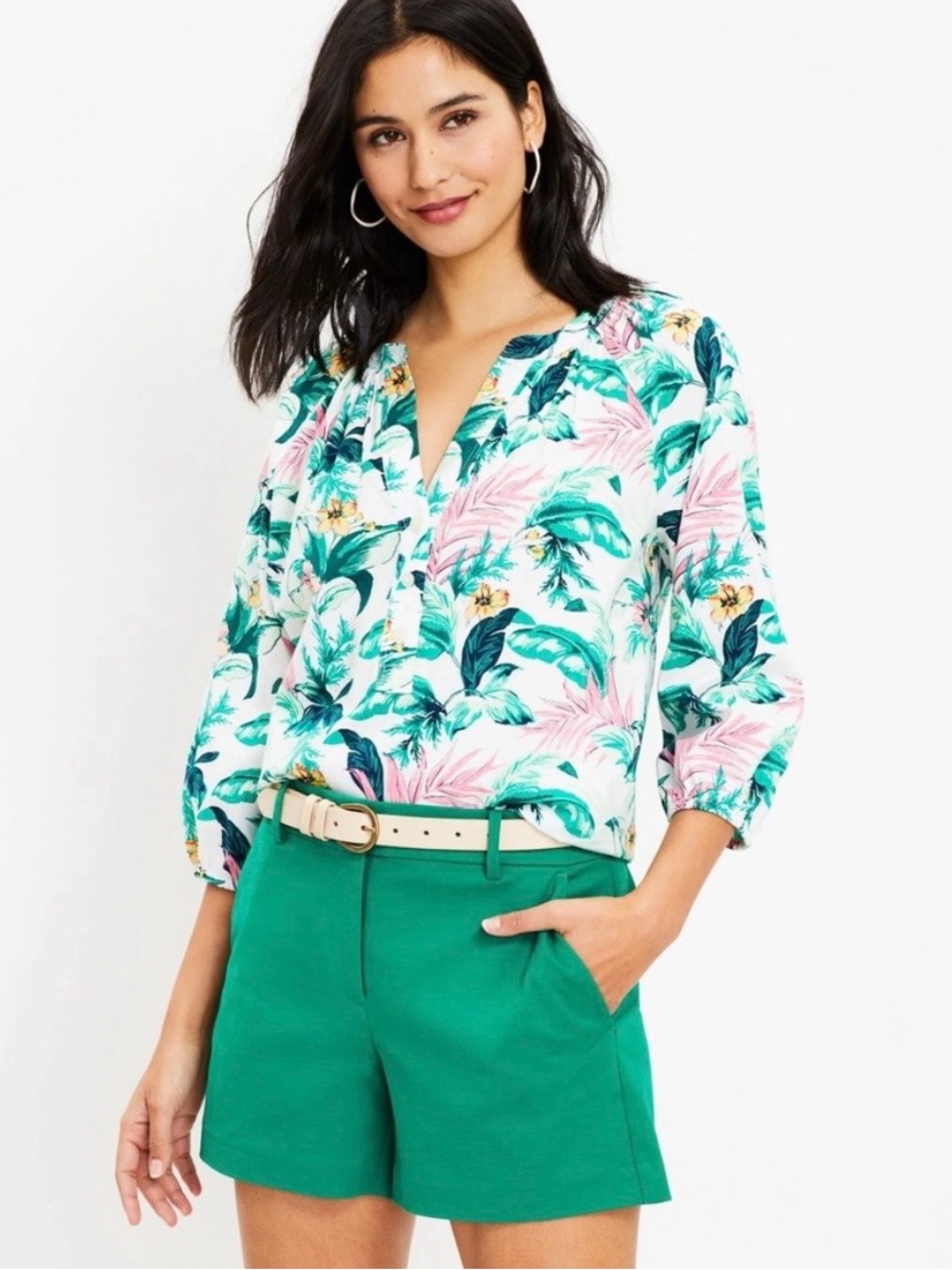 LOFT Petites Tropical Botanical Blouse Size SP Coastal Resort Palm Print Top